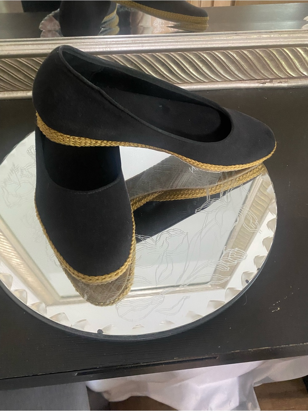 Beacon Black Wedge Flats with Gold Braided Trim